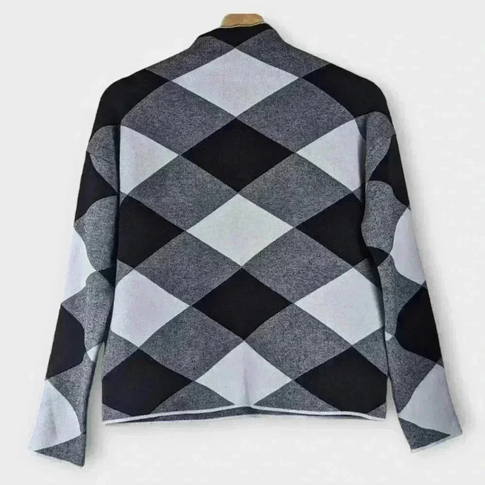 TAHARI Mock Neck Sweater Black White Buffalo Plaid Diamond Check Size S